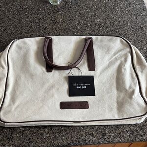 NEW John Varvatos Beige and Dark Brown Canvas Weekend Bag